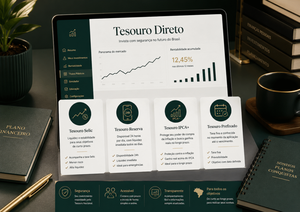 Imagem editorial sobre o que é Tesouro Direto, destacando Tesouro Selic, Tesouro Reserva, Tesouro IPCA+ e Tesouro Prefixado.