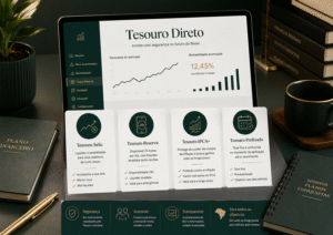 Imagem editorial sobre o que é Tesouro Direto, destacando Tesouro Selic, Tesouro Reserva, Tesouro IPCA+ e Tesouro Prefixado.