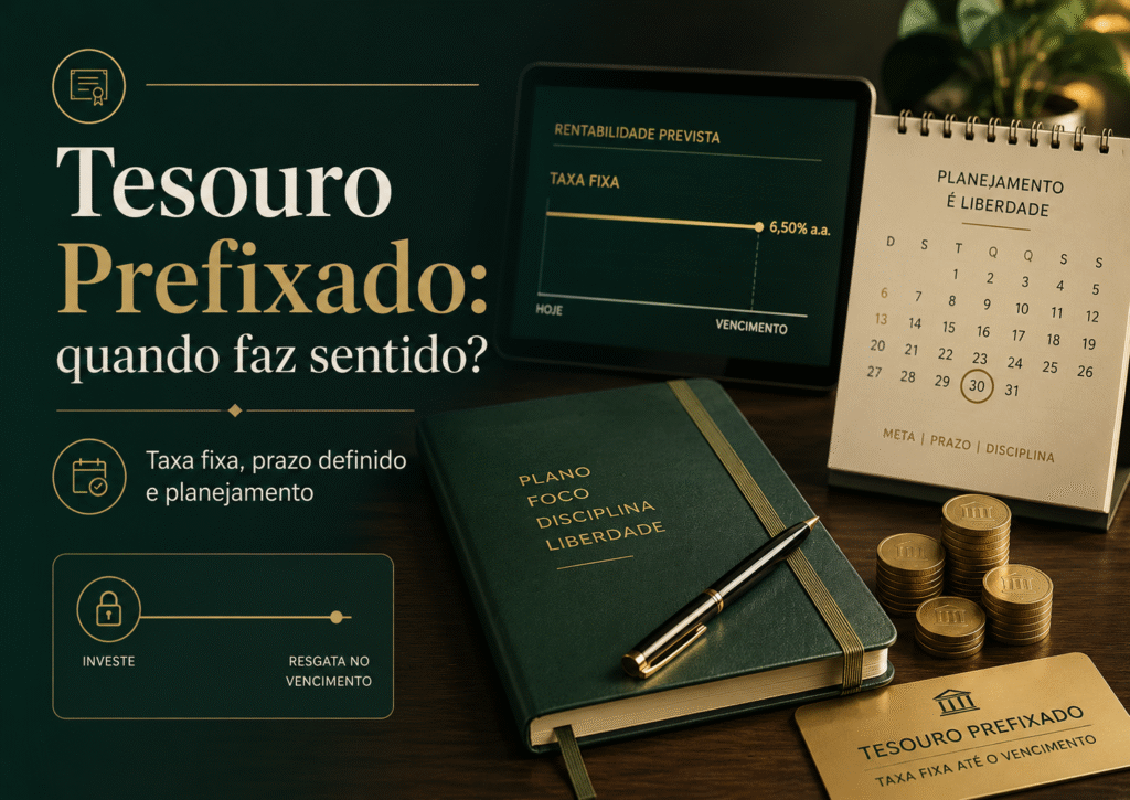 Imagem editorial sobre Tesouro Prefixado, destacando taxa fixa, prazo definido, vencimento e planejamento financeiro.