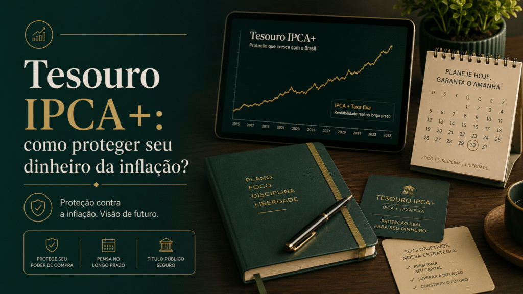 Imagem editorial sobre Tesouro IPCA+, destacando proteção contra inflação, poder de compra e planejamento financeiro de longo prazo.