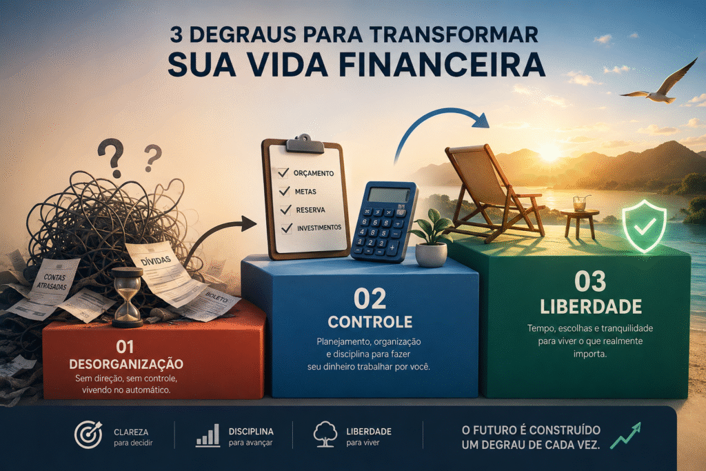 Educação financeira representada em três etapas: desorganização financeira, controle financeiro e liberdade financeira através do planejamento e dos investimentos.