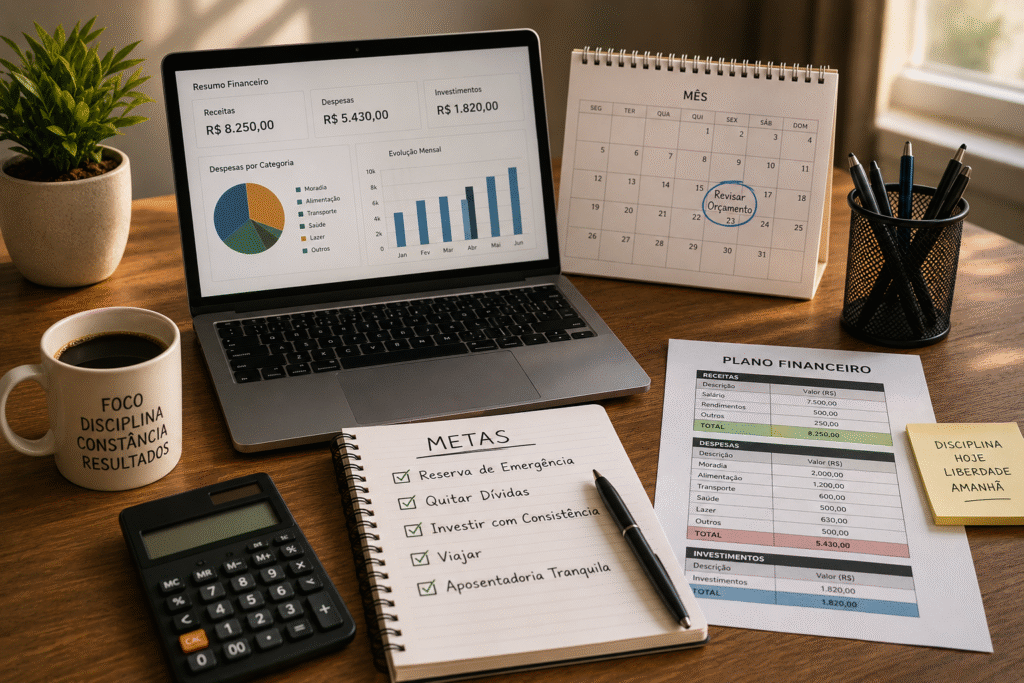 Organização financeira com planilha de controle de gastos, orçamento pessoal e planejamento financeiro.