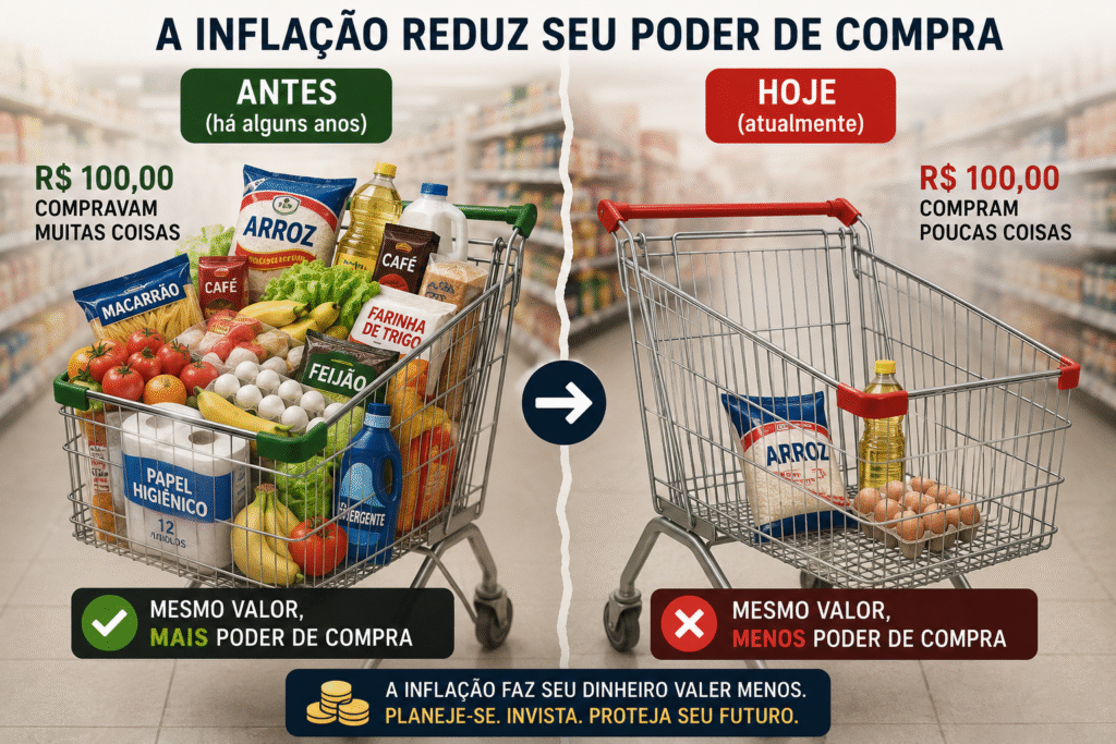Inflação reduzindo o poder de compra através do aumento dos preços de produtos e serviços ao longo do tempo.