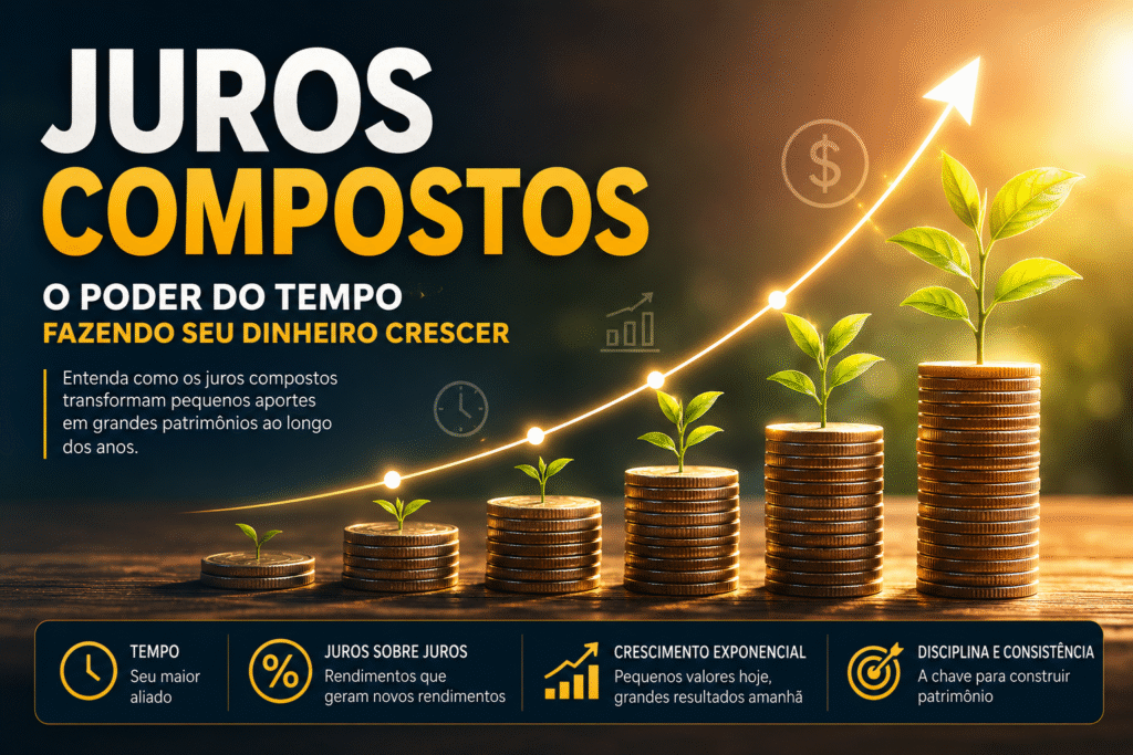 Representação visual dos juros compostos mostrando o crescimento do patrimônio ao longo do tempo através da capitalização dos rendimentos.