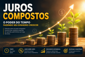 Representação visual dos juros compostos mostrando o crescimento do patrimônio ao longo do tempo através da capitalização dos rendimentos.