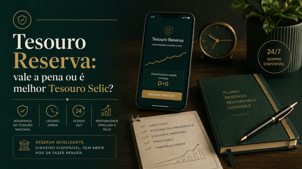 Imagem editorial sobre Tesouro Reserva, destacando liquidez imediata, acesso 24 horas, segurança e comparação com Tesouro Selic.
