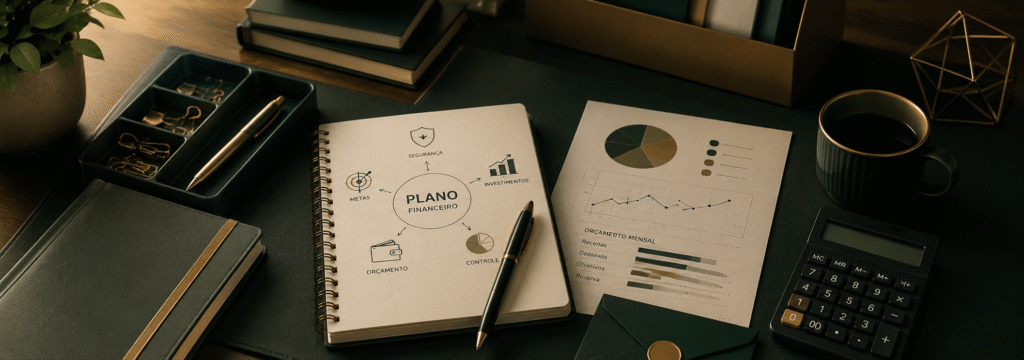 Planejamento Financeiro | Servidor Investidor Faixa visual da página Planejamento Financeiro, representando organização do orçamento, metas, controle financeiro, reserva de emergência e investimentos.